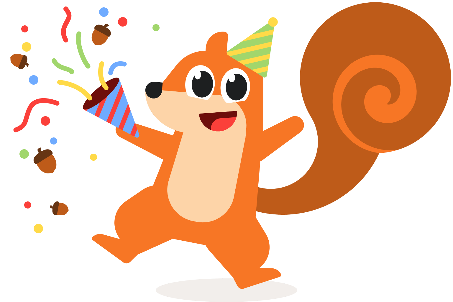 Cartoon squirrel wearing a party hat and firing a party popper with acorns flying out of it